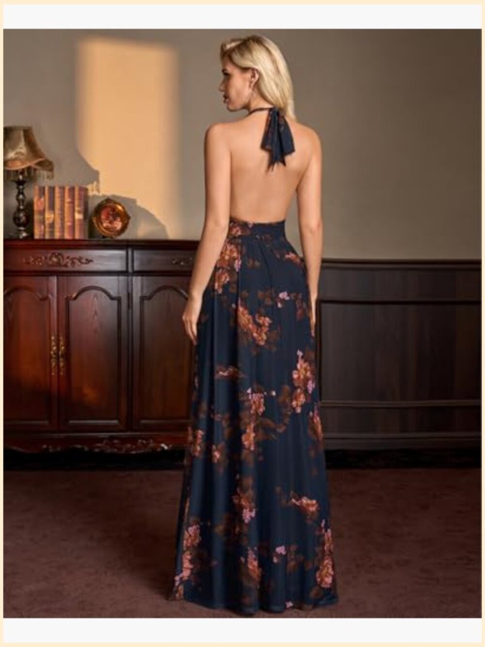 Halter Deep V-Neck Mesh Backless Maxi Dress Wedding Guest Cocktail - Picture 2 of 6